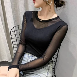 Spring Autumn 2024 Women T shirt New Round neck Long sleeved Bottoming Shirt Slim fit Solid Color Sexy Lady Mesh Tops