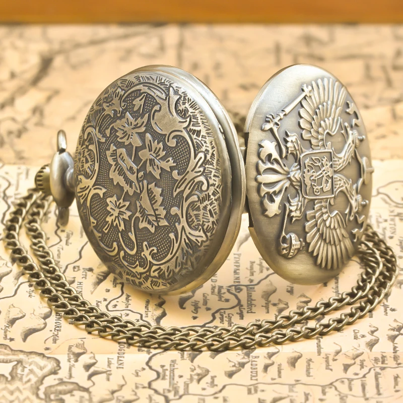 خمر البرونزية Steampunk برأسين النسر منحوتة هدية قلادة كوارتز سلسلة الرجال والنساء ساعة جيب تذكارية