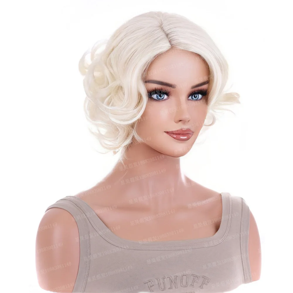 باروكة نسائية أوروبية وأمريكية ذات شعر مجعد قصير، رسوم متحركة، أزياء ذهبية