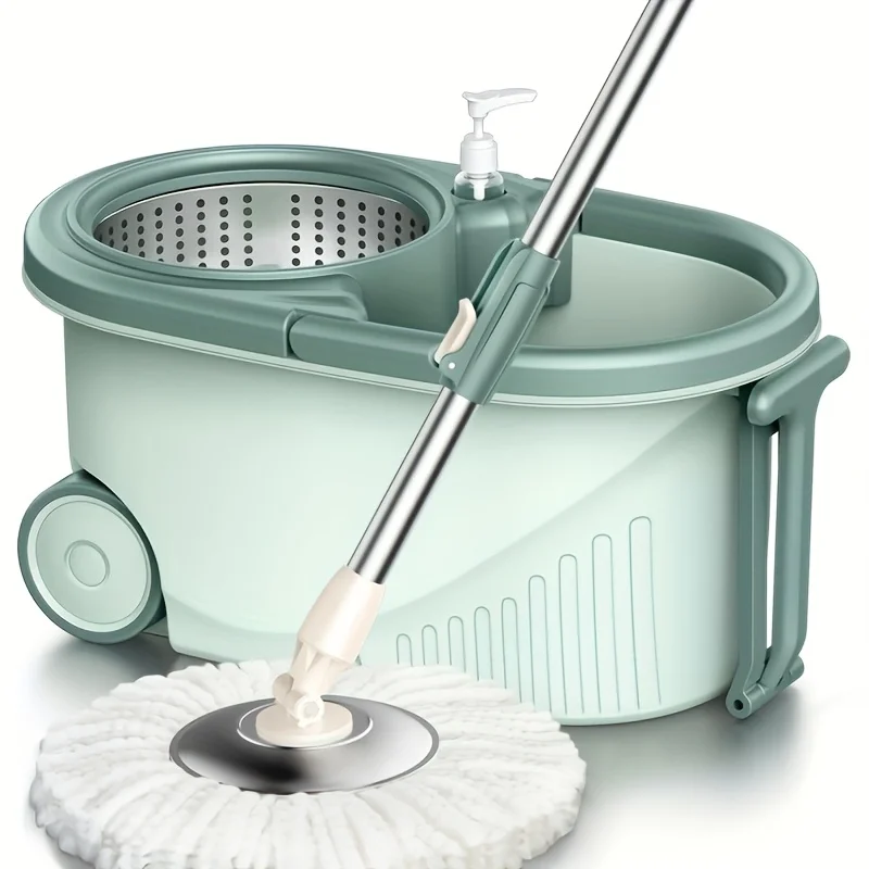 

Hands-Free Spin Mop with Wheels, Self Wringing, 2 Mop Heads & Adjustable Handle, No-Bend Floor Cleaner