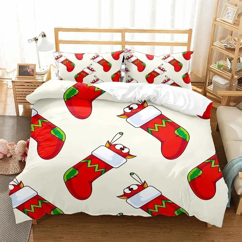 

Christmas Kid Duvet Cover KingQueen Size,Red Christmas Socks Decoration 3 Piece Bedding,Merry Christmas Theme Quilt Cover,cream