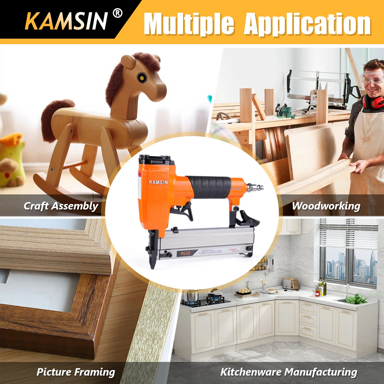 KAMSIN P630 23 Gauge Pneumatic Compact Headless Micro Pin Nailer Gun, Fits 10-30mm Leg Length Nails, for Cabinets, Woodworking