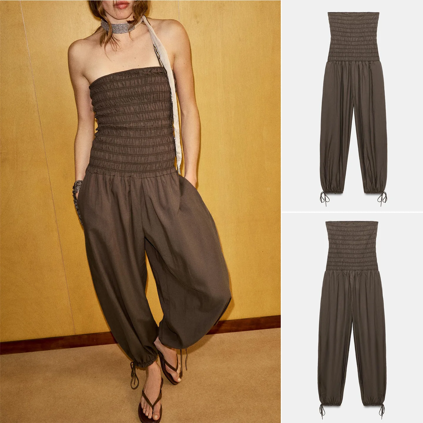 

Summer New Women's Country Style Straight Collar Shoulder Bared Elastic Drawstring Pants Footpleated One-Piece Suit 4661327