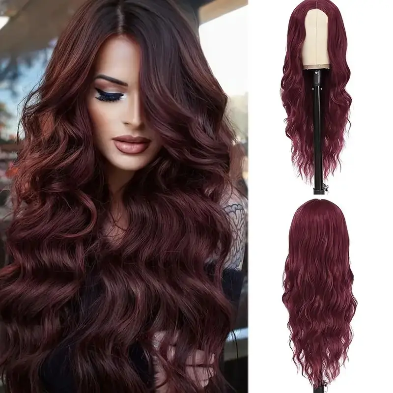 

Burgundy Synthetic Wig Female New Big Wave Natural Simulation Middle Parting Long Curly Hair Heat Resistant Full Head Set