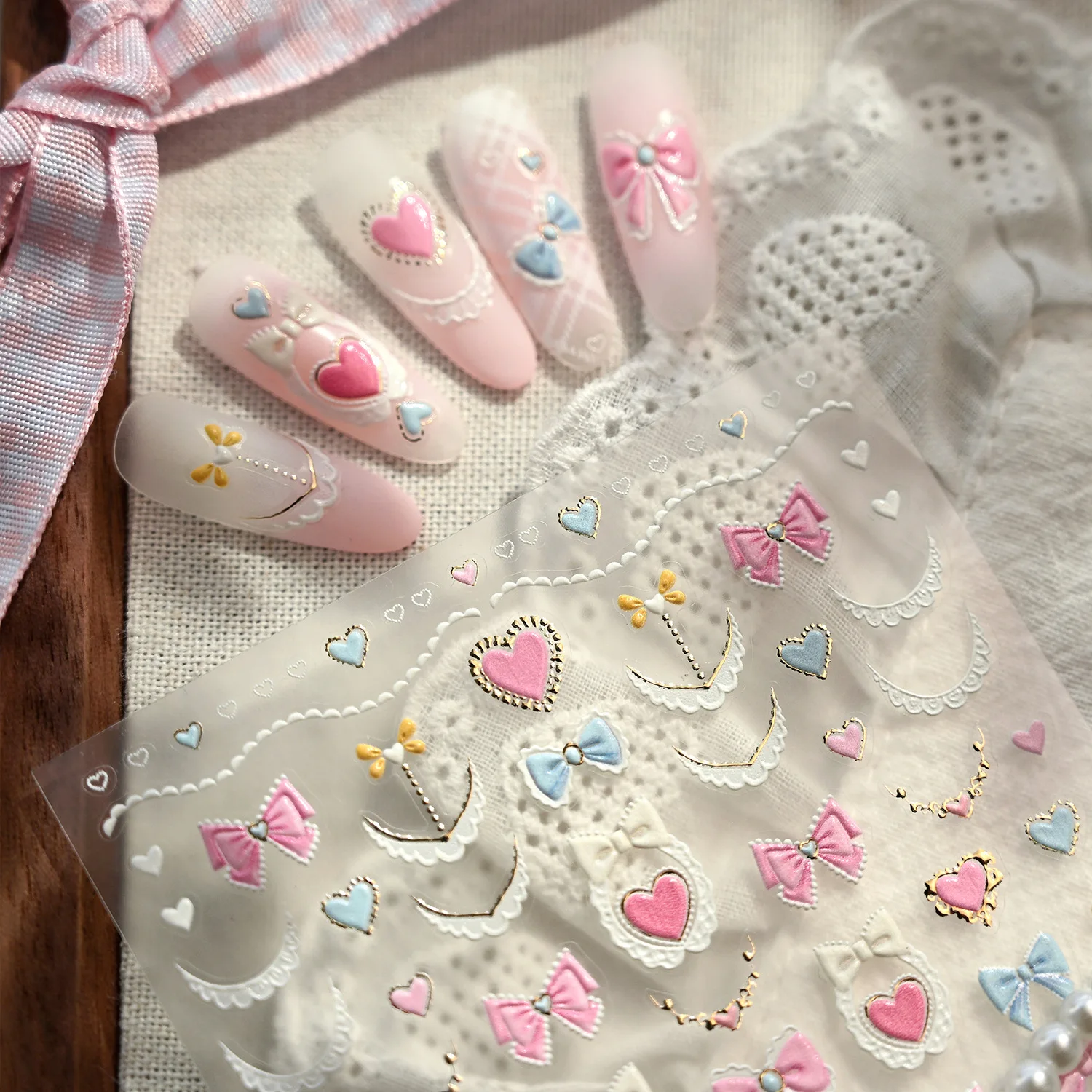 Lovely Pink Blue White Lace Bowknot Love Heart Gold Stamped 5D Reliefs Self Adhesive Nail Art Stickers Cute 3D Manicure Decals