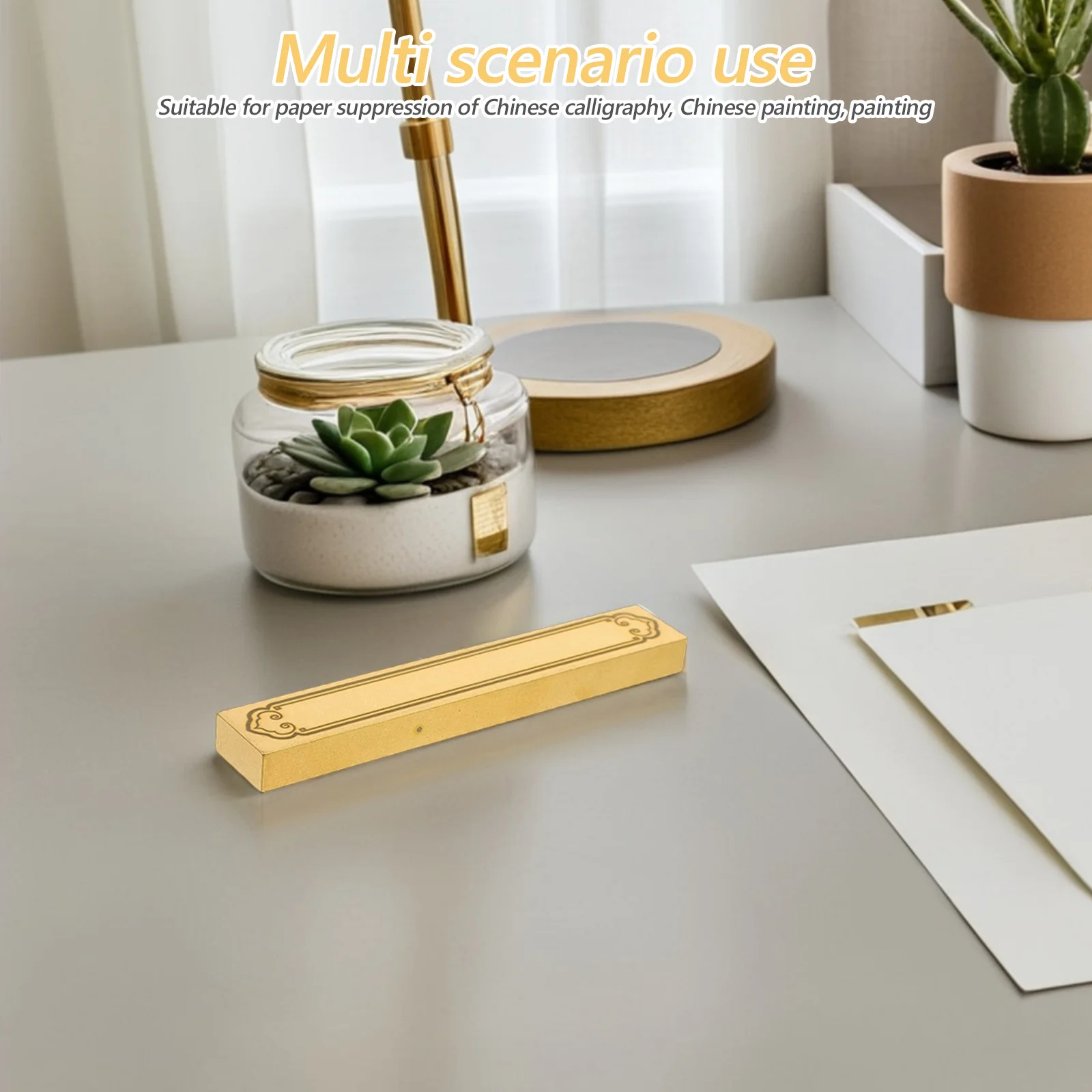 

Brass Paperweight Chinese Calligraphy Heavy Duty Metal Desk Tool for Drawing Writing Practice Stable Decorative Ruler