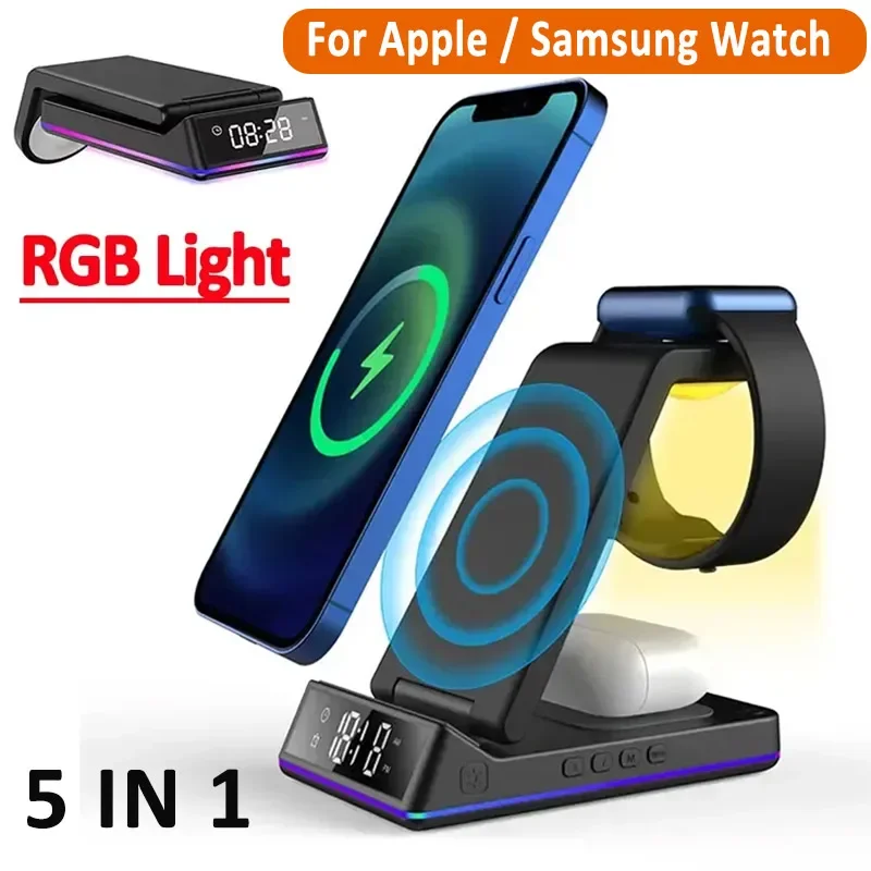 

5 In 1 Foldable Wireless Charger Stand RGB Light Fast Charging Station For iPhone Samsung iWatch 6 7 Galaxy Watch 5 4 Airpods
