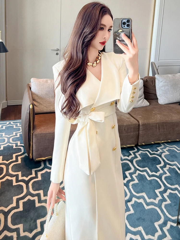 Elegant Fashion Professional Long Dresses Women\'s Fashion Business Belt Double Breasted Slit Robe Office Lady Party Vestidos
