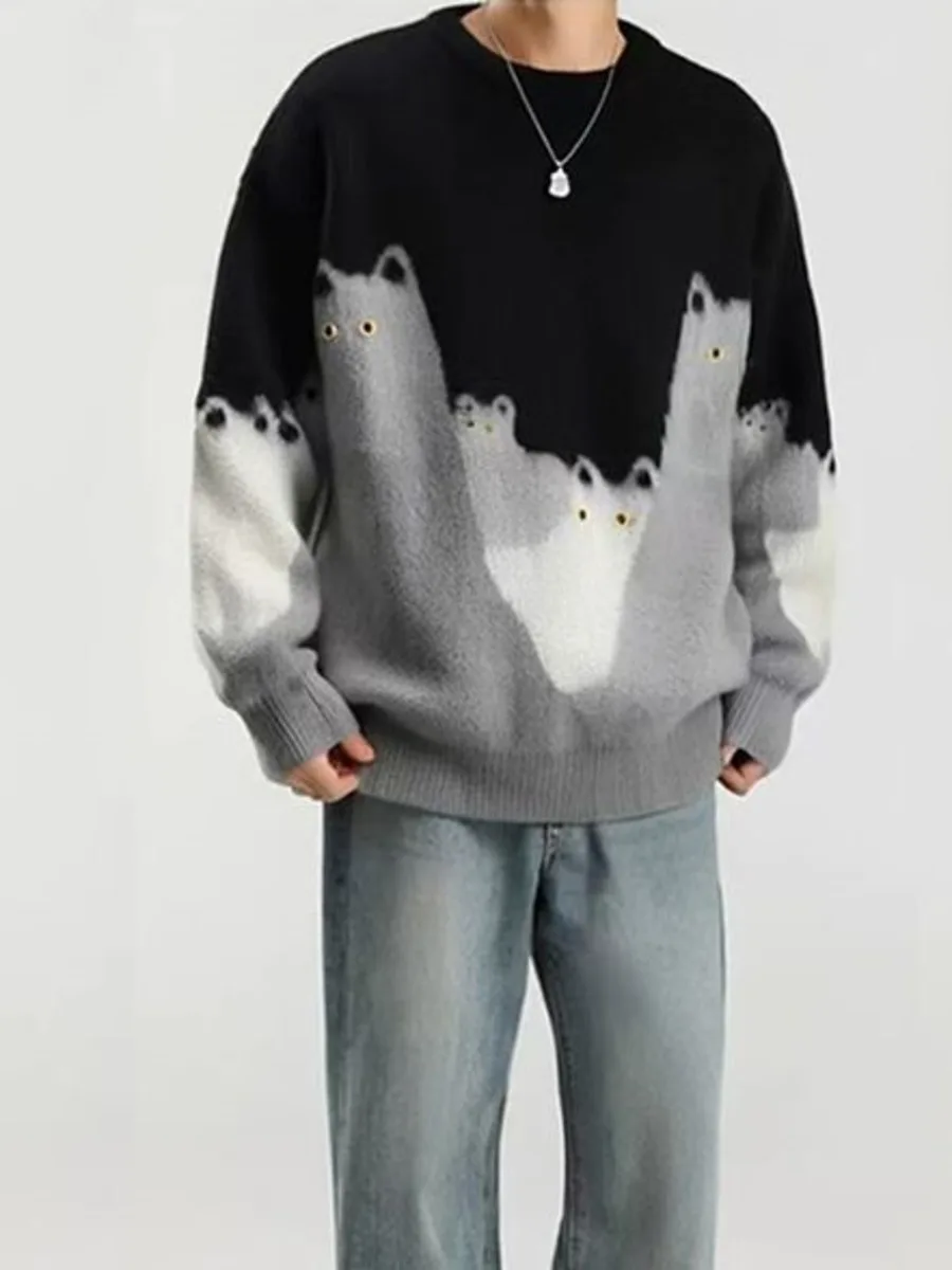 Cartoon Cat Kitty Graphic Knitted Sweater Men Oversized Hip Hop Streetwear Autumn Winter Pullover Black Loose Casual Jumper