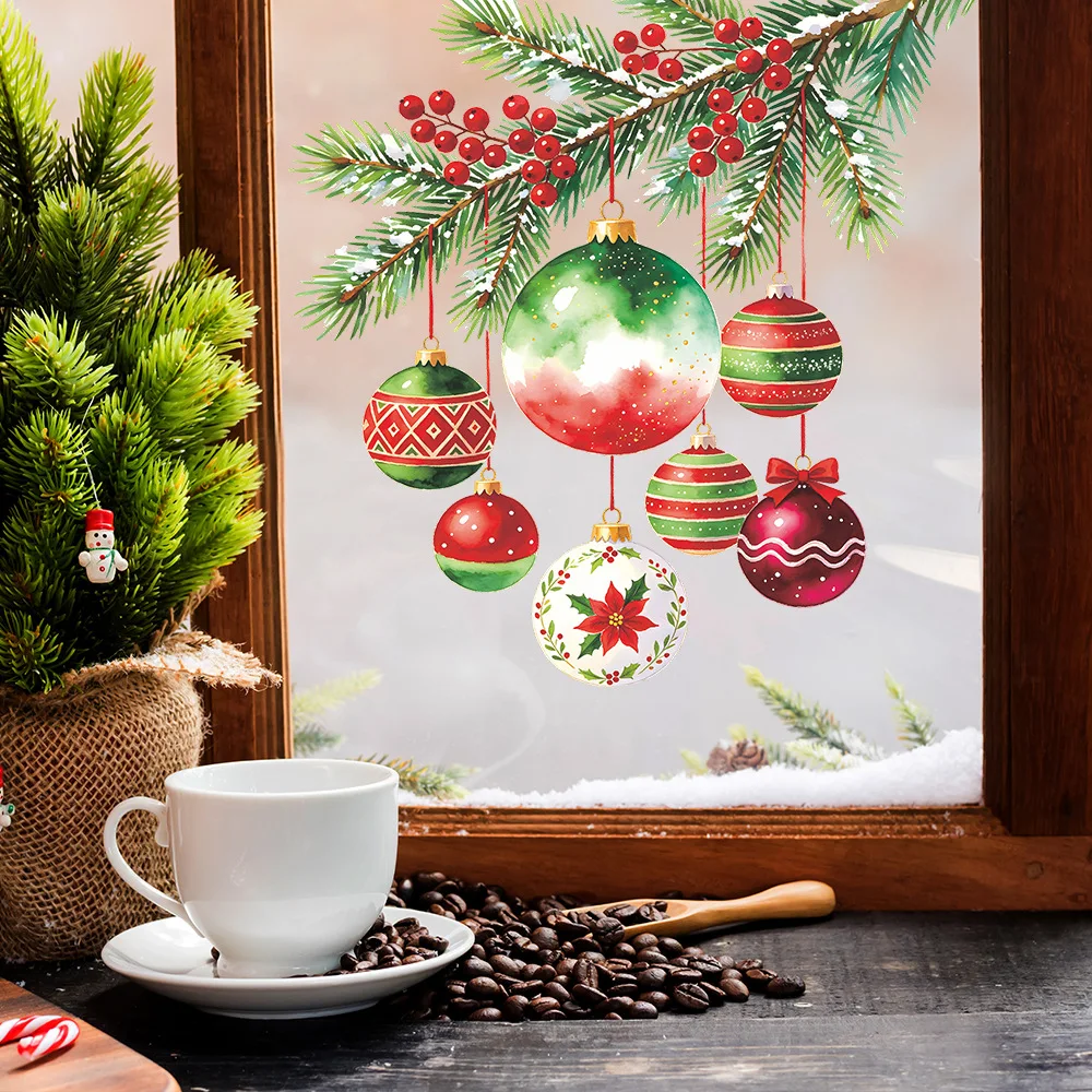 Christmas Watercolor Pine Branch Red Berry Window Decal, Festive Decor Sticker for Outdoor Balcony Glass Window Beautification