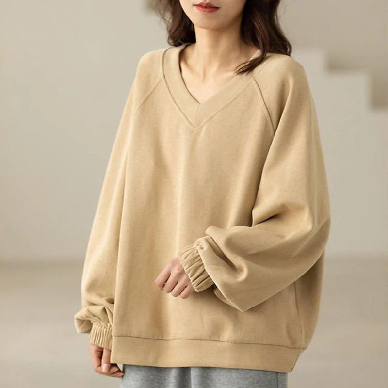 Spring Autumn Solid Color Pure Cotton Oversized Korean Style Sweatshirts Women Long Sleeve Loose Casual Lady Tops Chic Pullover