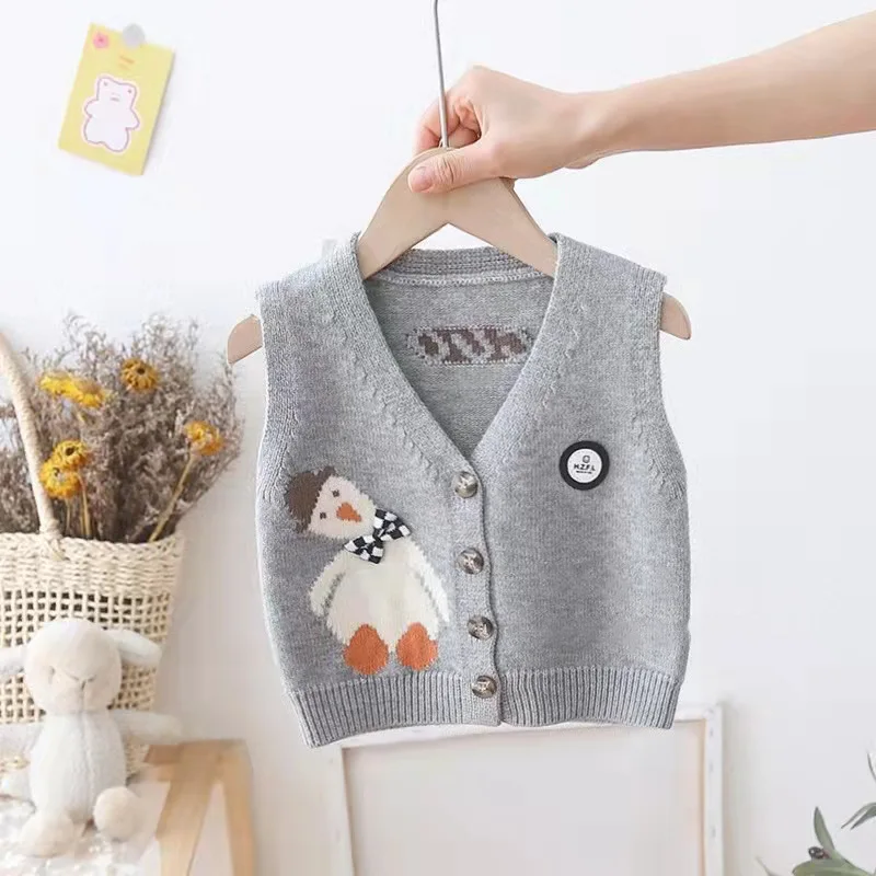 Autumn Children Baby Clothes Cute Cartoon Duck Vest Cardigan Sweater Kids Knitting V-neck Vest Coat Soft Comfortable Waistcoats