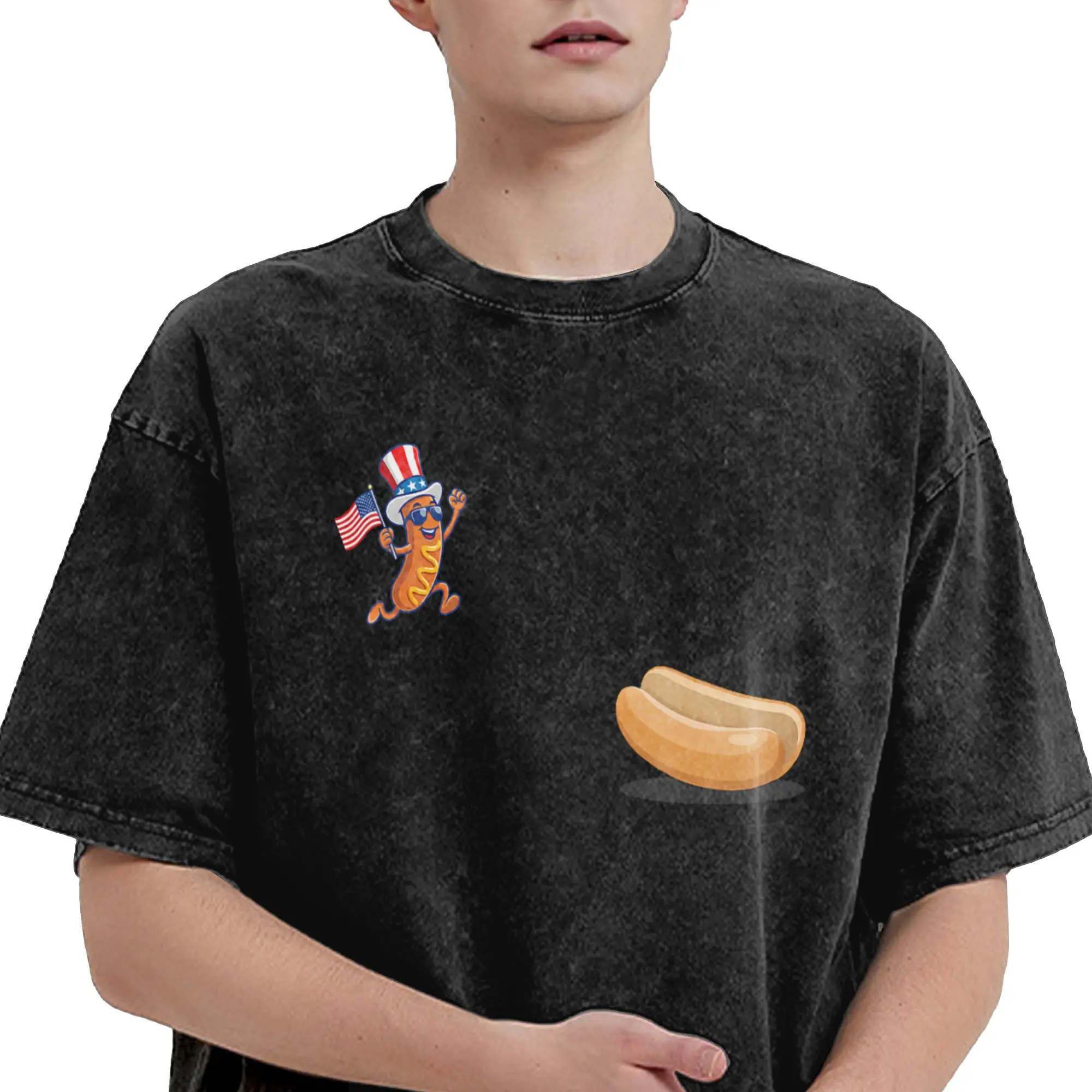 Harajuku Washed Shirts Freedom Dive Hotdog Hotdog Jumping Into Bun Accessories Vintage T Shirt High Street  Streetwear