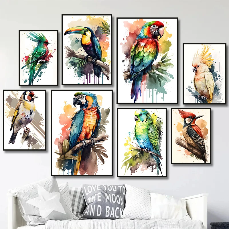 Acuarela, pájaros, gorrión, loro, tucán, cuadro sobre lienzo para pared, póster de animales naturales, imagen impresa para decoración del hogar y la sala de estar
