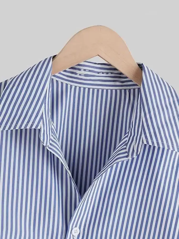 قميص نسائي صيفي غير رسمي بياقة فضفاضة مخطط قميص كوري جديد أنيق للمكتب للسيدات بأكمام طويلة قميص علوي كبير الحجم #5