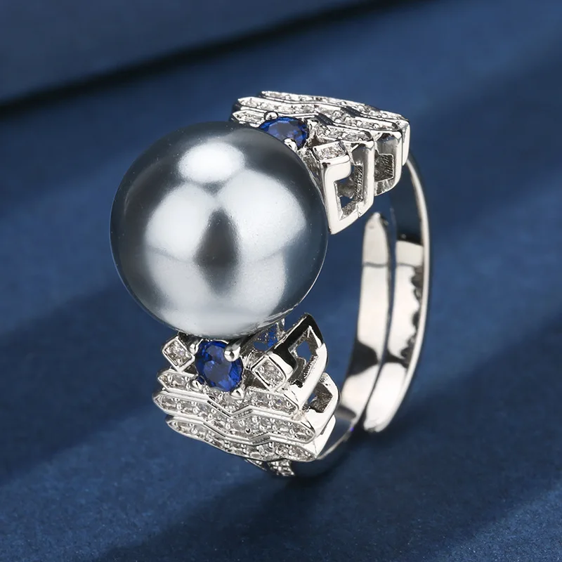 

Adjustable Elegant Gray Pearl Pendant Necklace Earrings Ring with Blue Sapphires Sparkling Zirconia for Women's Fashion Jewelry