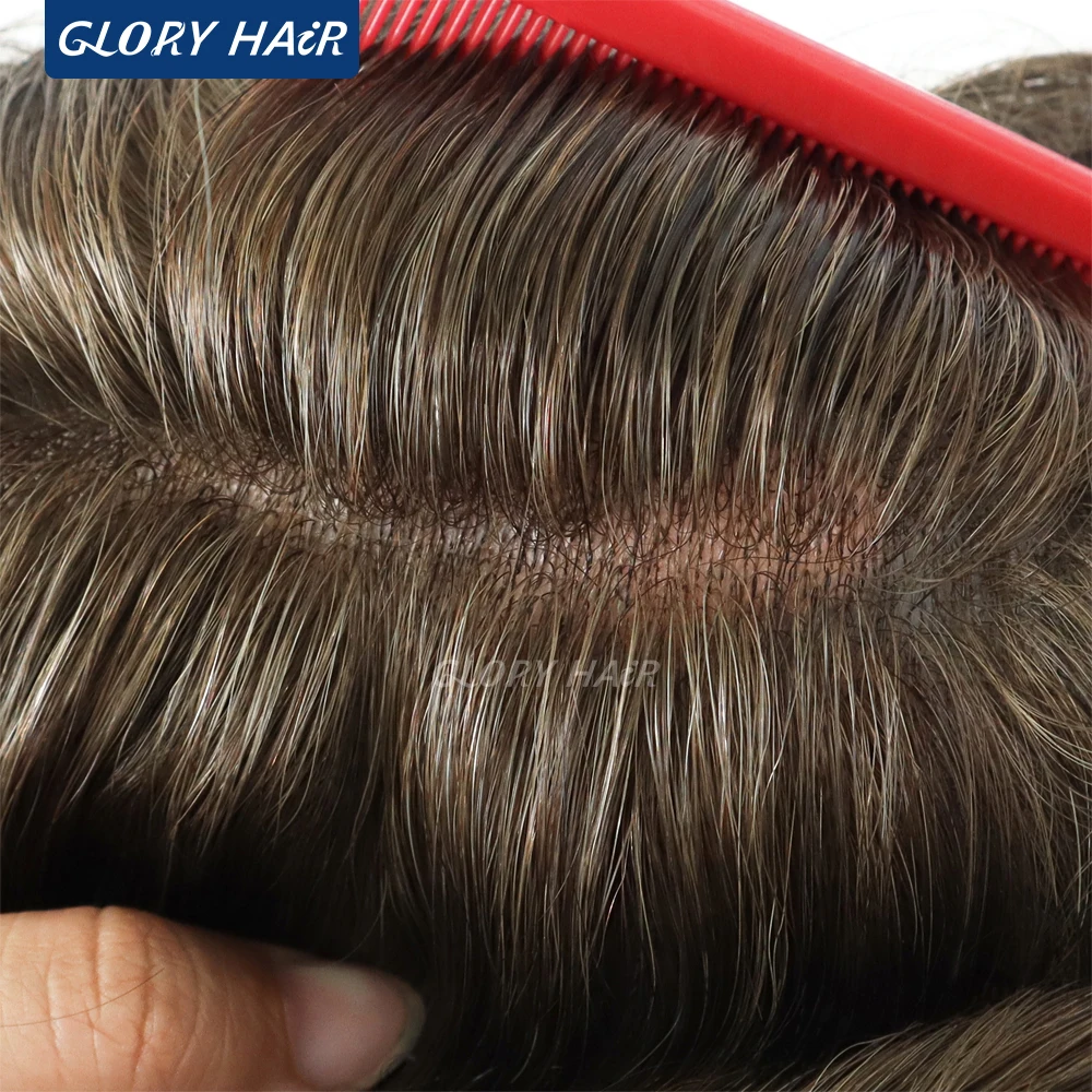 دائم مزدوجة معقود الرجال الشعر المستعار الاصطناعية 0.12-0.14 مللي متر بولي PU 5 "شعر مستعار بشري هندي رجل نظام استبدال الشعر قطع الشعر