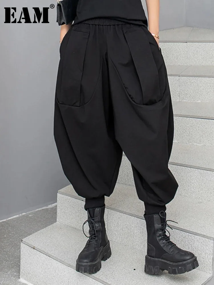 

[EAM] High Elastic Waist Black Brief Long Pocket Casual Harem Pants New Trousers Women Fashion Tide Spring Autumn 2024 1DH6419