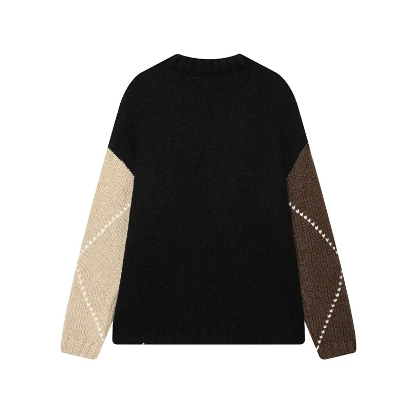 Argyle-Strickpullover für Damen, Farbblock-Pullover mit Rundhalsausschnitt und langen Ärmeln, warme Strickwaren im Retro-Stil für Herbst-Winter-Shirts