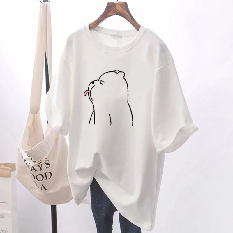 Women Cute Printed Sweet Tees Summer Large Edition Casual Short Sleeve T-shirt Female Top Simple Solid Pullovers