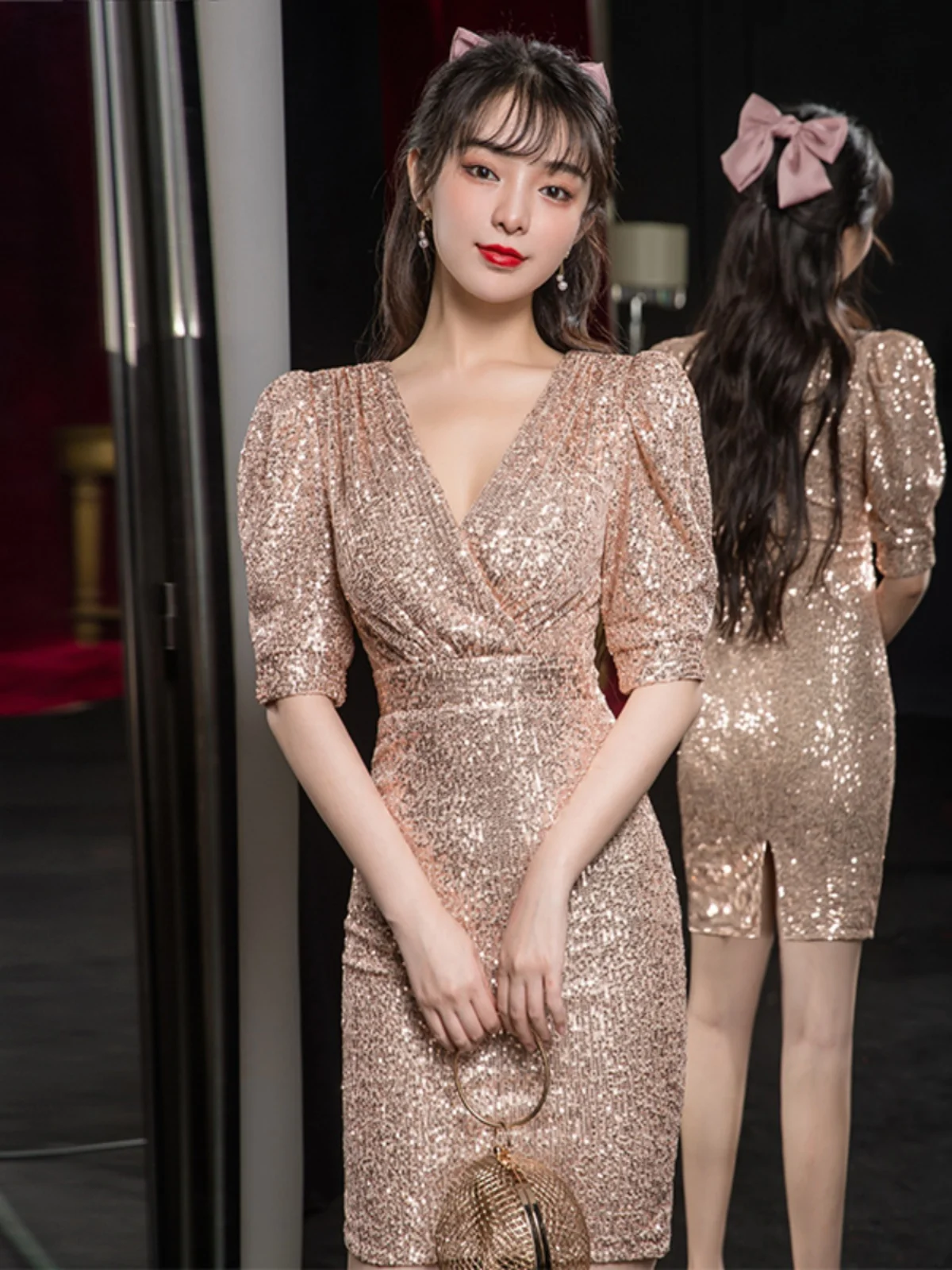 

Gold Evening Gown Women's Host Luxury High-End Sensation Par Dr ort Sve V-Ne Mid-Waist Zipper Closure