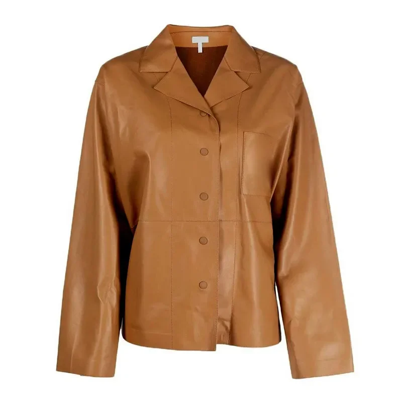 Blazer en peau de mouton pour femme, veste en cuir véritable, vêtements d\'extérieur décontractés pour femme, bouton combiné, mi-long, bouton unique