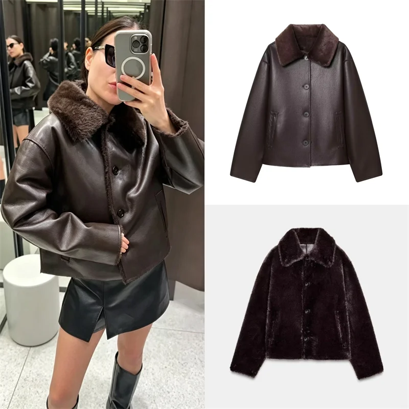 Guobioziy Women's Jacket 2026 Fall/Winter New Arrival High-Quality Double-Sided Faux Leather Reversible Shearling Short Coat