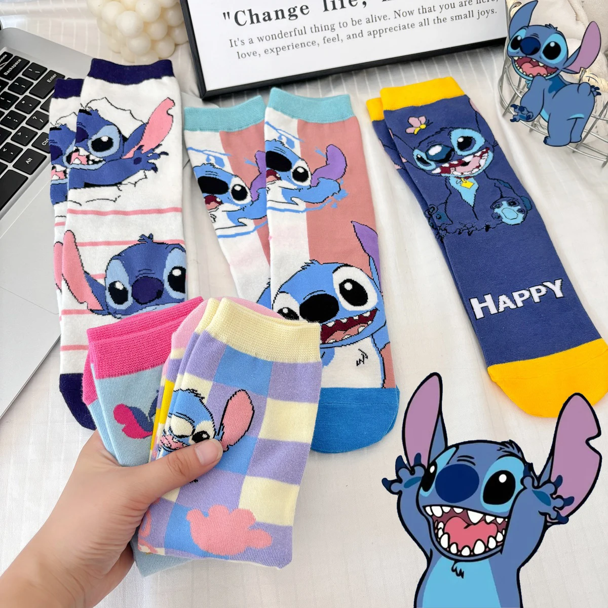 

Anime Disney Stitch Socks for Women Cartoon Cute Midtube Cotton Trend Casual Warm Stockings for Men Girls Christmas Gift Socks