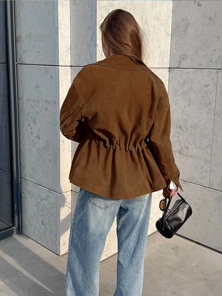 

Повседневная коричневая замшевая короткая куртка на шнурке, женская шикарная однобортная куртка без шапочки с лацканами и длинными рукавами, женская уличная одежда для поездок на работу