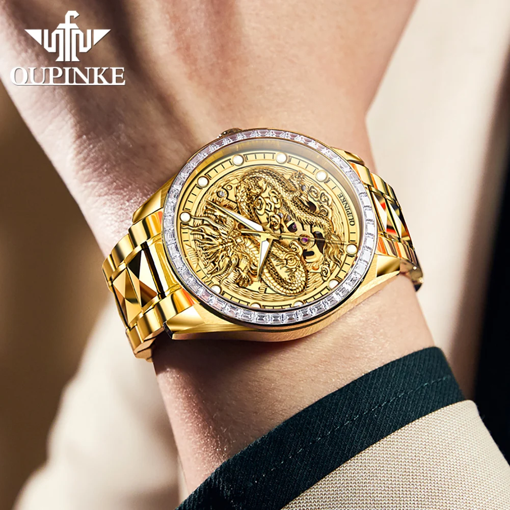 ساعات رجالية OUPINKE فاخرة من الفولاذ الناعم بنمط التنين الذهبي ساعة ميكانيكية أوتوماتيكية أصلية للرجال مقاومة للماء ومضيئة