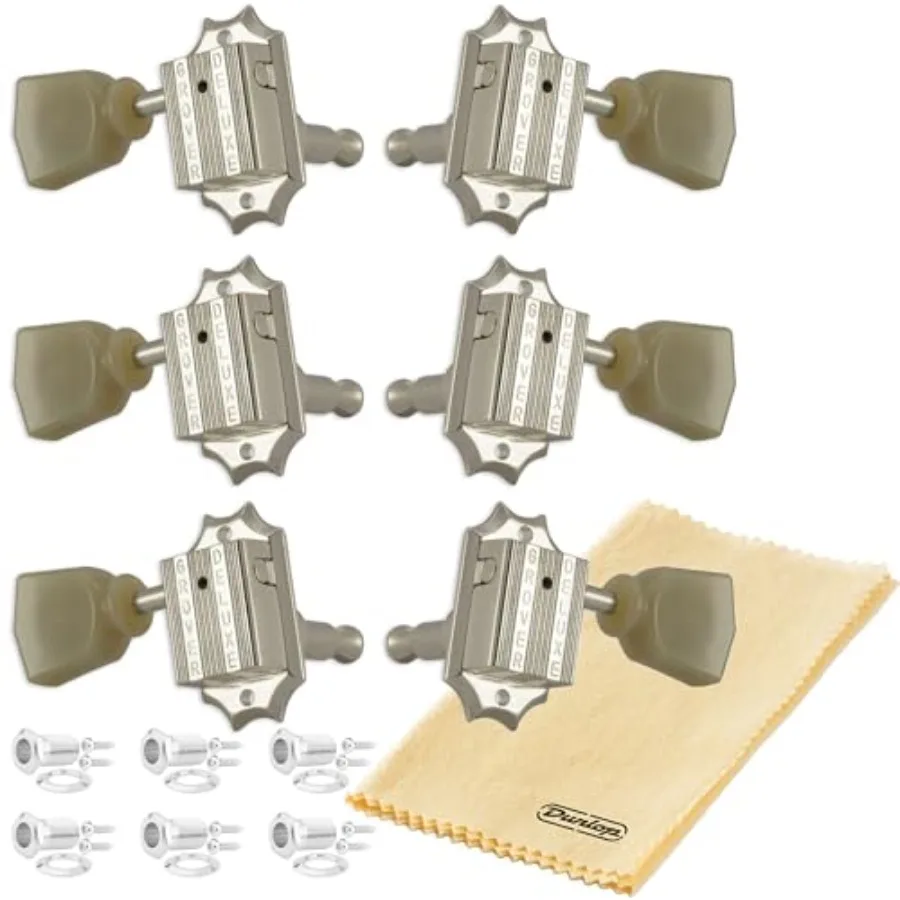 

Grover 135N Deluxe Vintage Guitar Tuning Machines Tuner Keys Nickel Set 3+3 14:1 Ratio "Green Key" Keystone Button with Dunlop