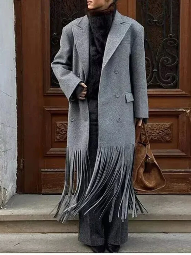 

Новое женское модное и универсальное длинное шерстяное пальто в европейском стиле с двубортным дизайном и подолом с кисточками.