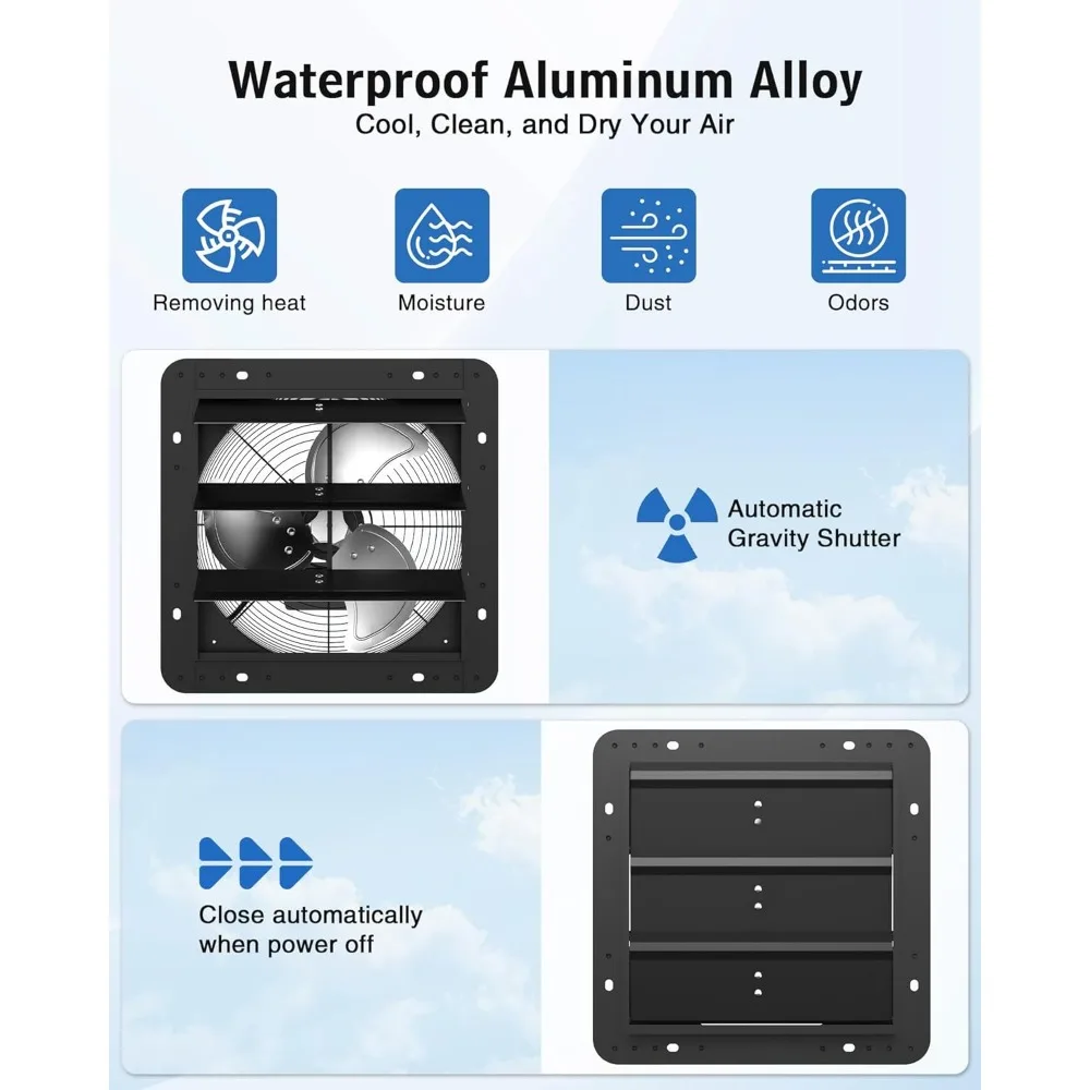Shutter Exhaust Fan, 1600 CFM High-Speed Vent Fan with Temperature and Timer Control, Wall-mounted Window Attic fan, Gable Fan