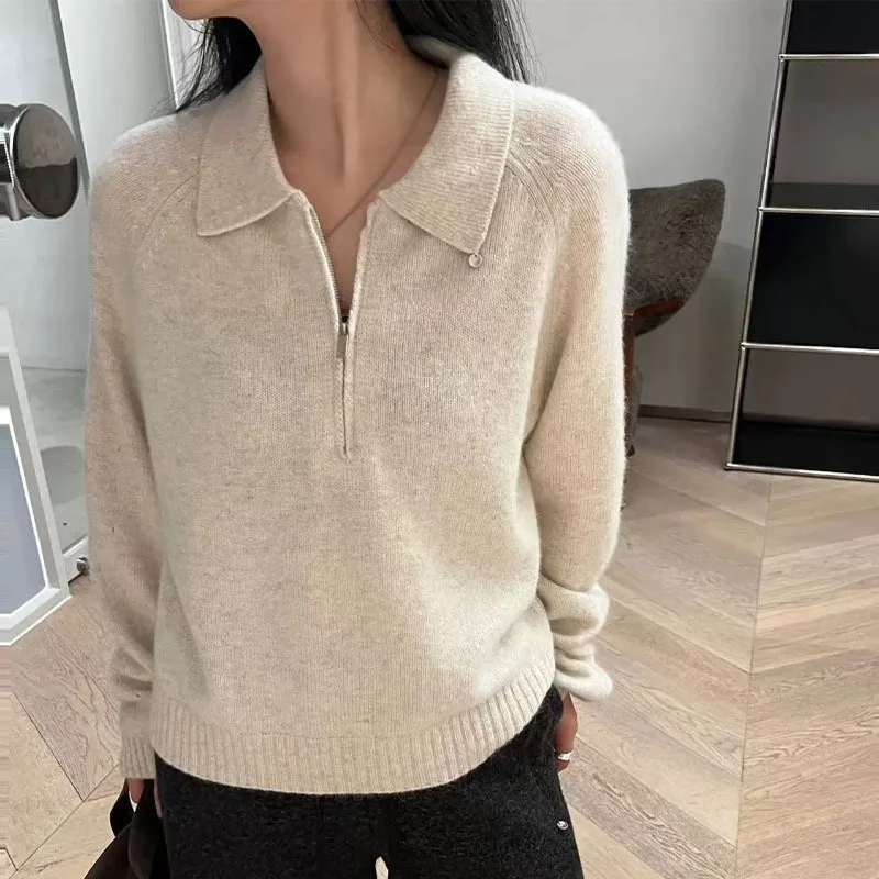 Women Polo Collar Half Zipper Sweaters Solid Color Autumn Winter Warm Tops Female Lapel Kintted Pullovers Elegant Chic Knitwear