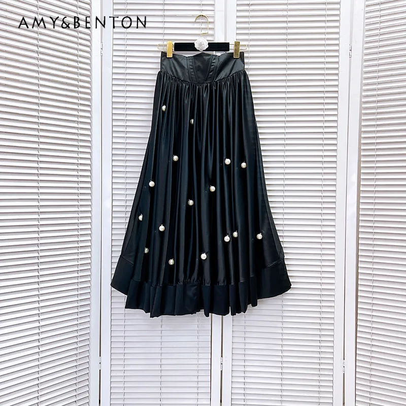 

Fashion Design Heavy Industry High Waist Fishbone Pettiskirt Glossy Big Pearl Oversized Swing Skirts Black Color Women's Clothes