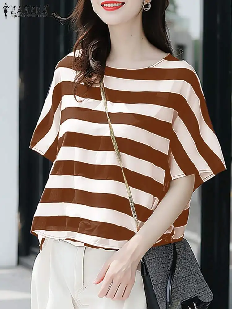 ZANZEA Women Stripe Blouse 2024 Summer Casual Round Neck Short Sleeve Tops Koeran Fashion  All-match Tunic Holiday Loose Tunics