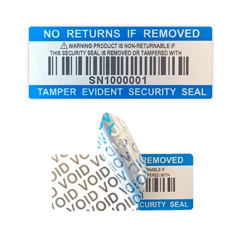 바코드 보증 무효 스티커 일련 번호가 있는 벙어리 은색 PET 보안 라벨 방수 변조 방지 씰 라벨