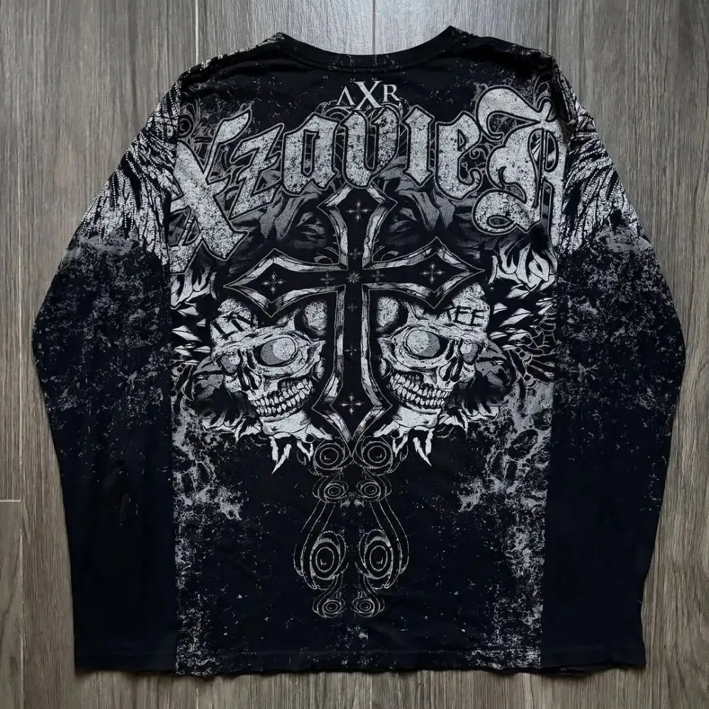 

European and American men's fashionable autumn cross angel wing print comfortable soft long sleeved T-shirt outdoor street top