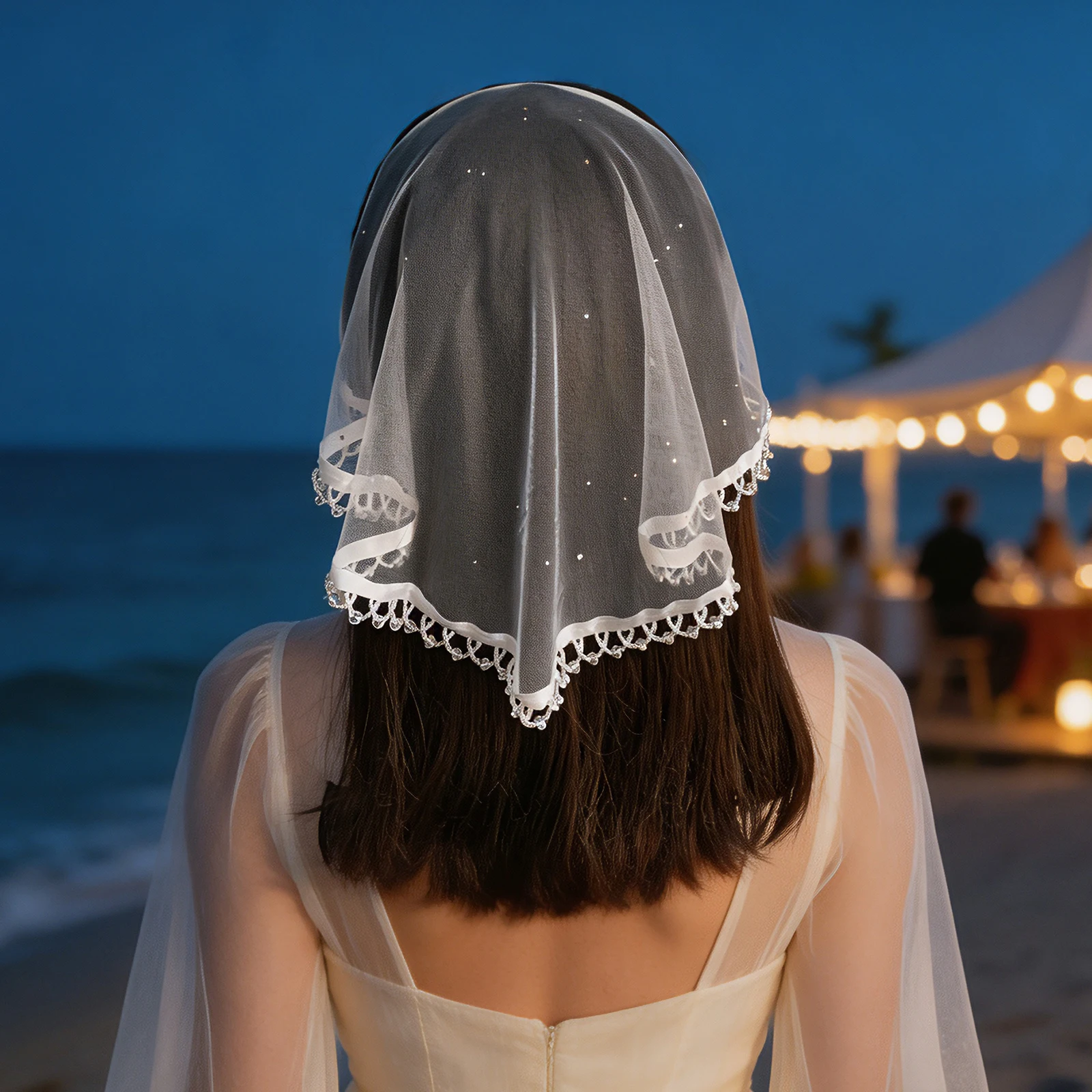 Fashionable Sequined Light Ivory Veil Headband, Crystal Beaded Trim Plain Tulle Short Bridal Headpiece ,Party Hair Accessory