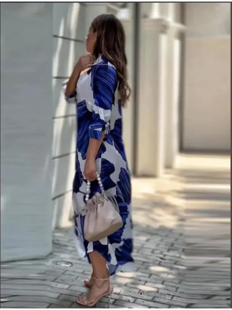 Abito a maniche lunghe con bottoni stampati alla moda Abito da donna con risvolto ampio stile camicia da vacanza Abiti eleganti autunnali