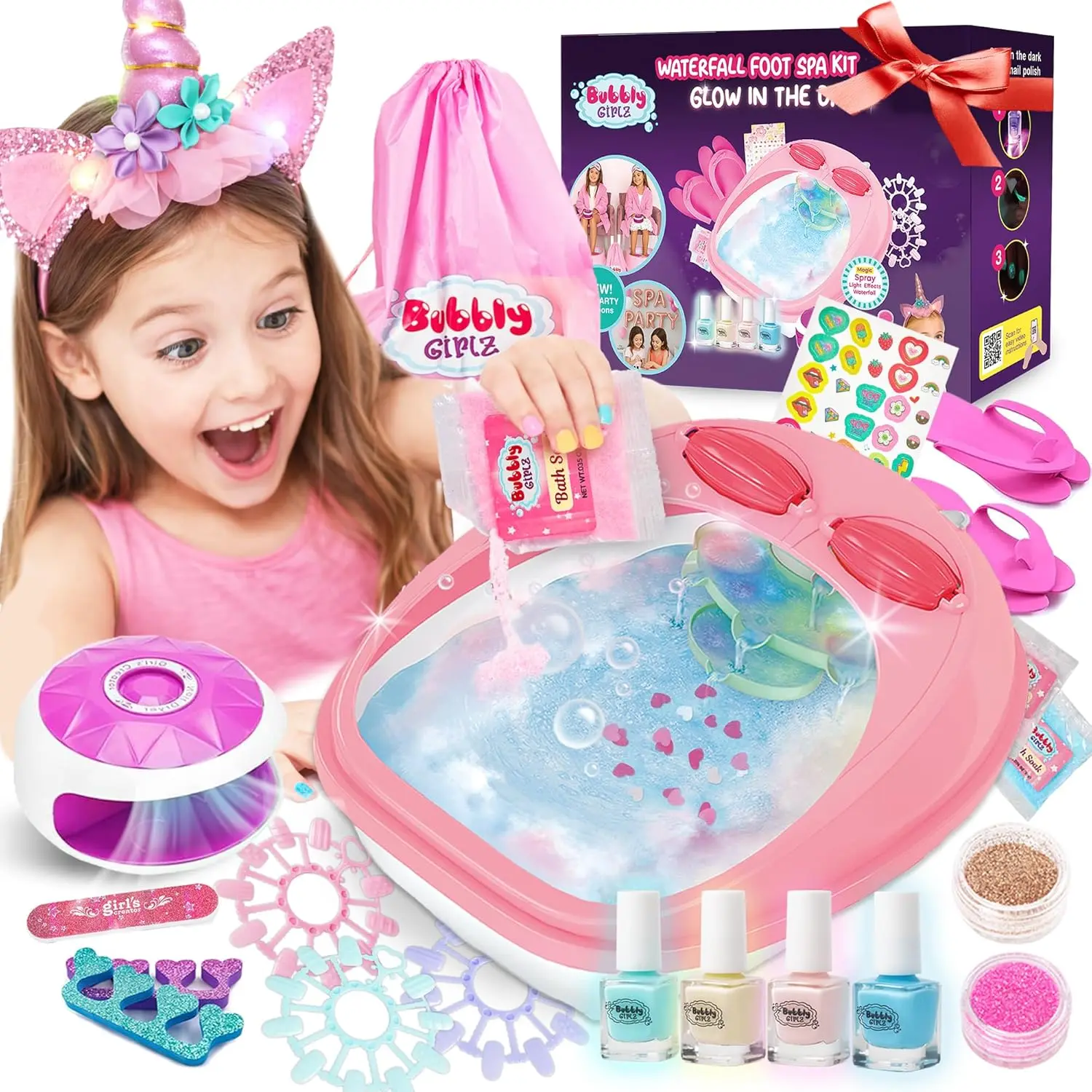 

Glow in Dark Spa Day Kit, 42+ Pieces Waterfall Foot Toys, Nail Pedicure Manicure Accessories, Fun Birthday Gifts for Ages 6-12