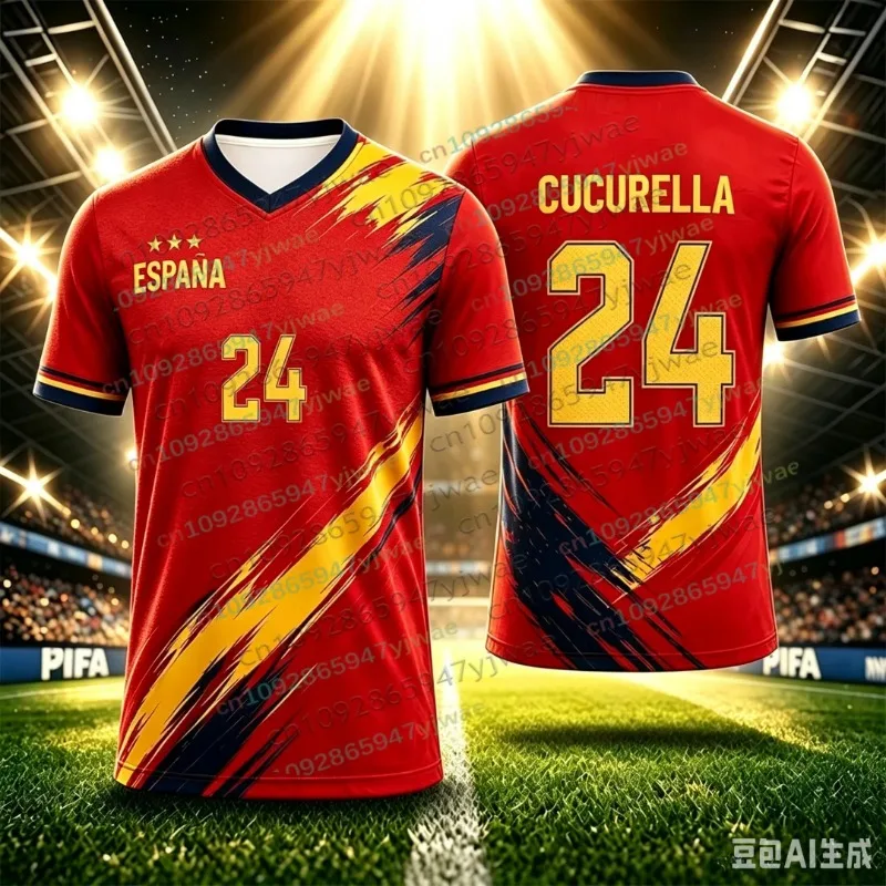 Image of Fußballtrikot der spanischen Nationalmannschaft, 3D-Pinselstrich-Druck in Rot und Gelb, Lamine Yamal Nr. 19, Fan-Sport-T-Shirt mit V-Ausschnitt und kurzen Ärmeln