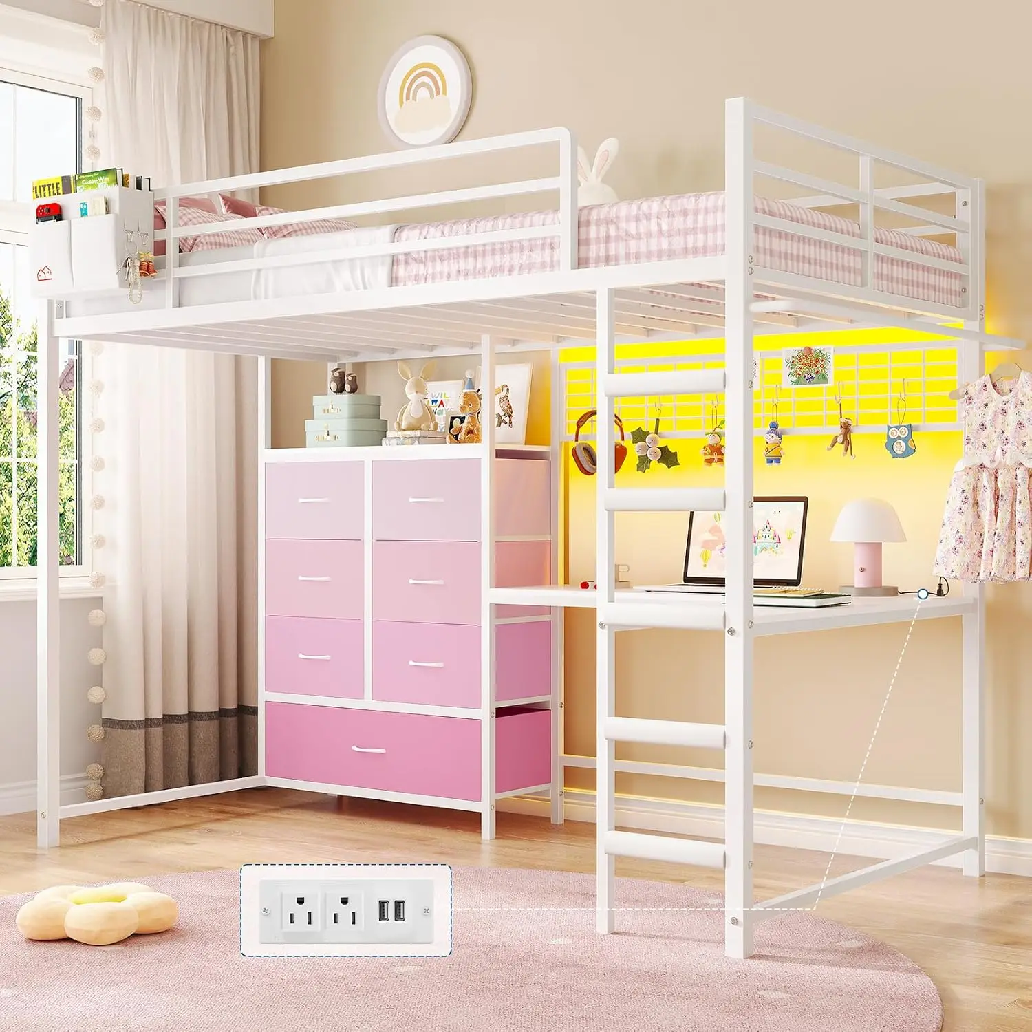 Twin Loft Bed with L-Shaped Desk, 7 Storage Drawers, Loft Bed Twin Size  with LED Lights and Charging, Customized