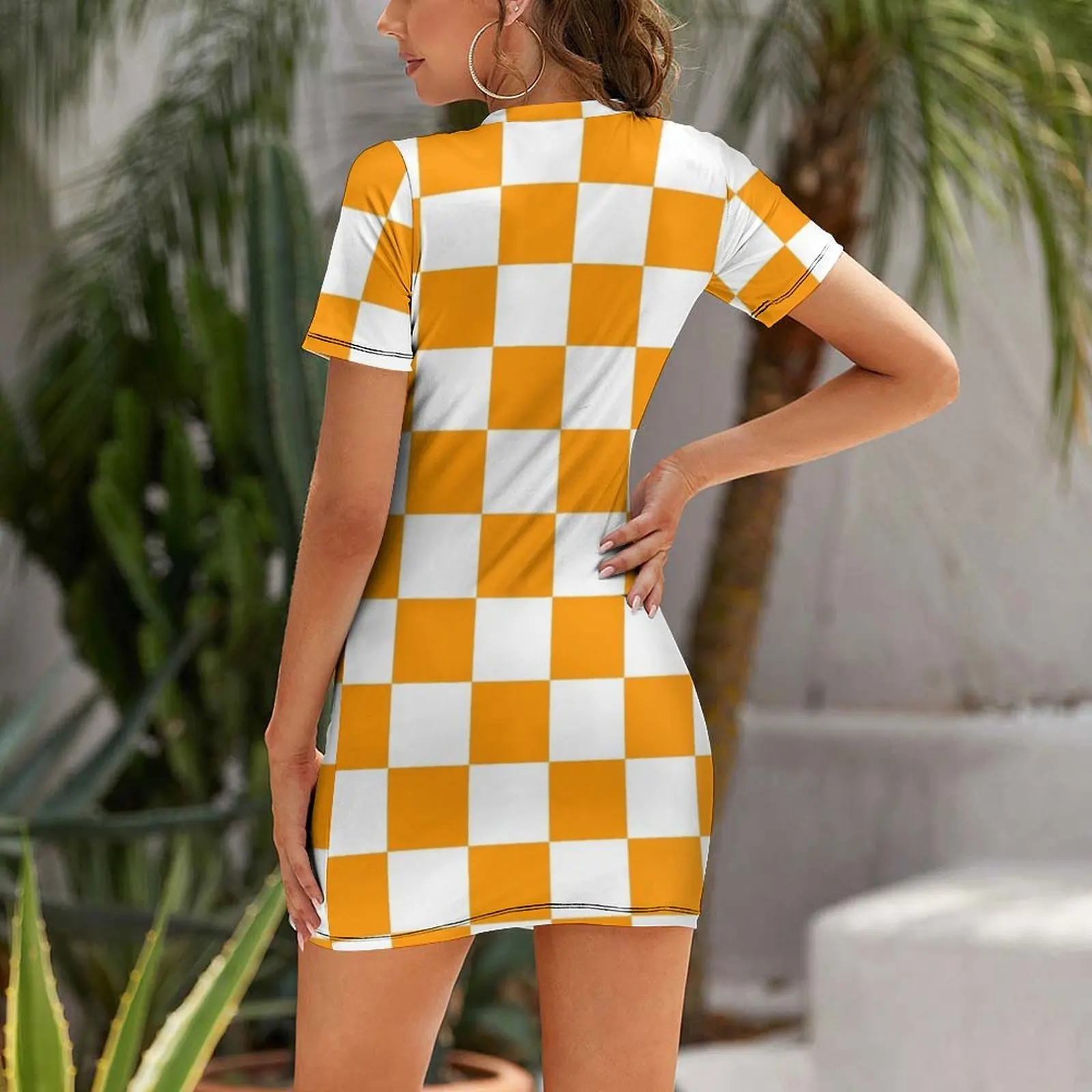 Orange and White Checkered Pattern Short Sleeved Dress dresses for prom women's evening dresses