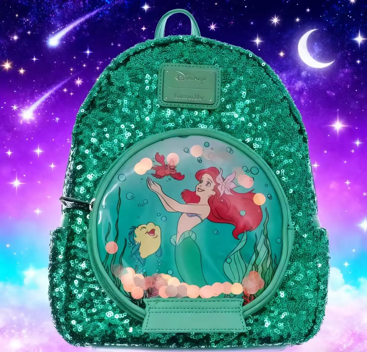 

The Little Mermaid Ariel Sequined Mini Backpack Cute Green Sparkle Backpack With Cartoon Character Design Women Fashionable Gift