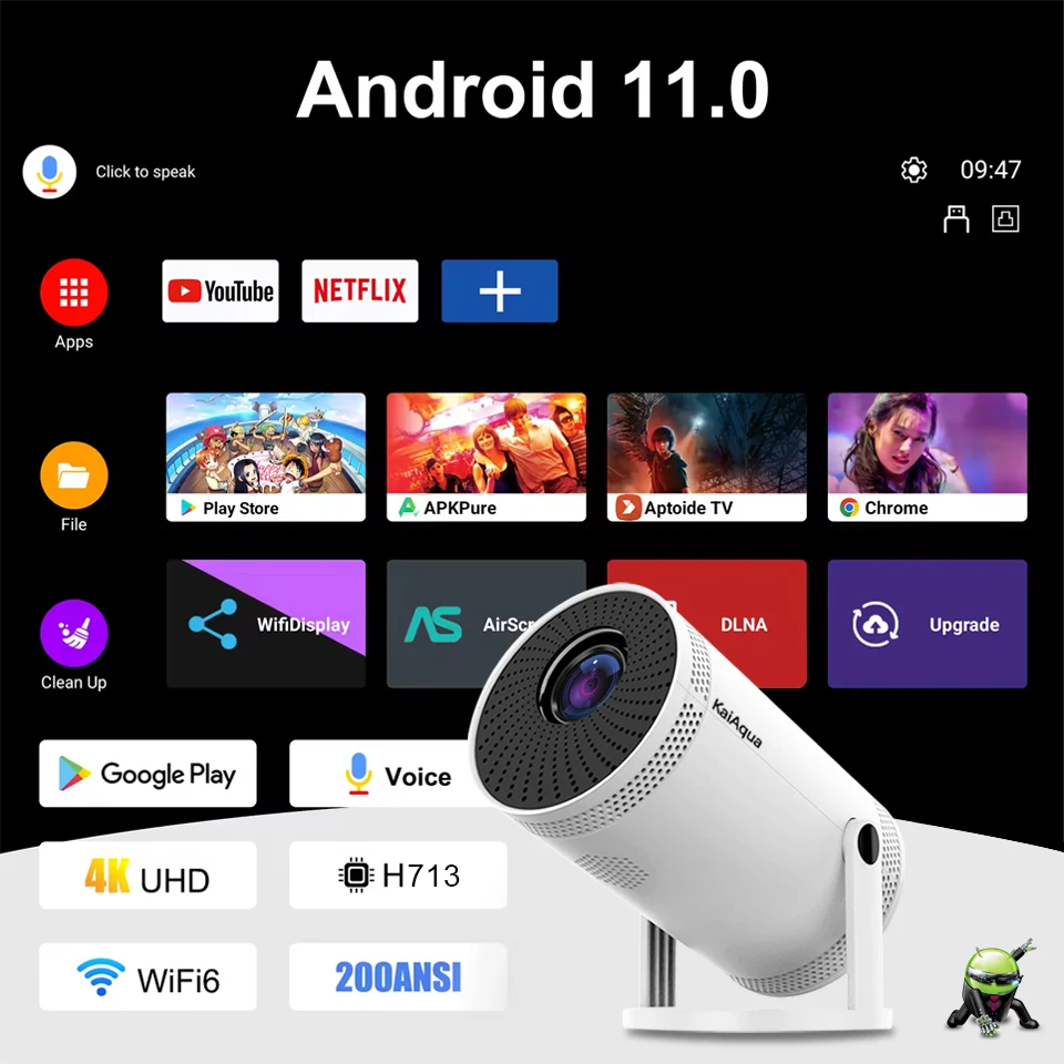 

Проектор HY300 4K Full HD Android 11 Wifi6 290ANSI Allwinner BT5.0 1280*720P Портативный проектор для домашнего кинотеатра и улицы