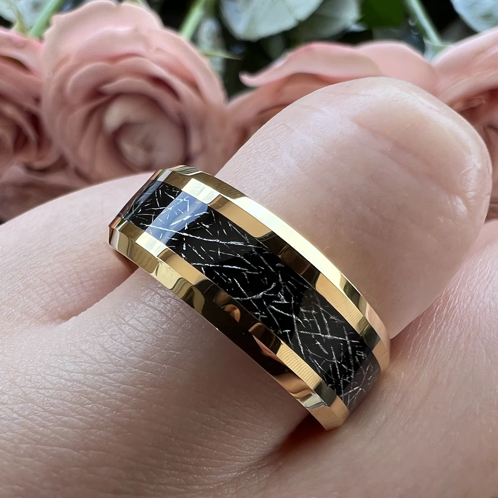 8mm Wholesale Meteorite Inlay Tungsten Ring Men Women Fashion Engagement Wedding Band Beveled Polished Shiny Jewelry – Detail 10