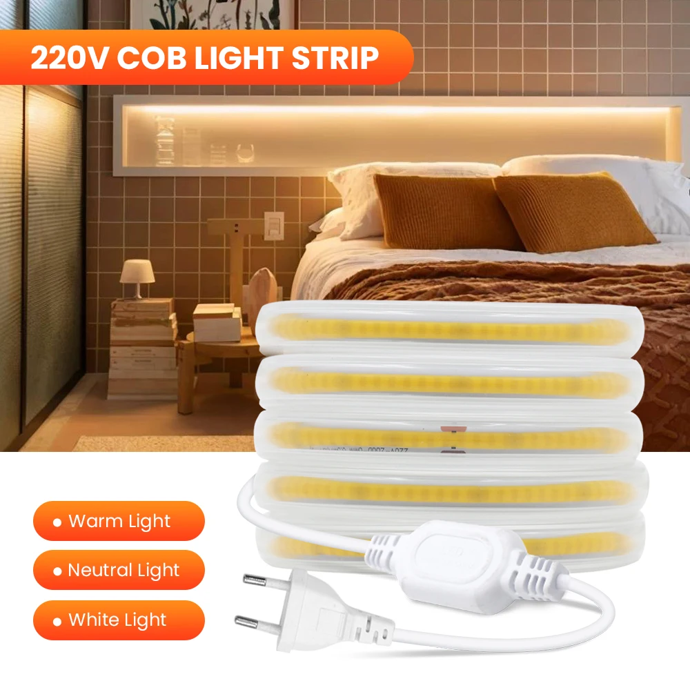 

220V COB LED Strips Lights 288Leds/m High Density Flexible FOB COB LED Tape Ribbon Diode 3000K 4000K 6000K RA90 Linear Lighting