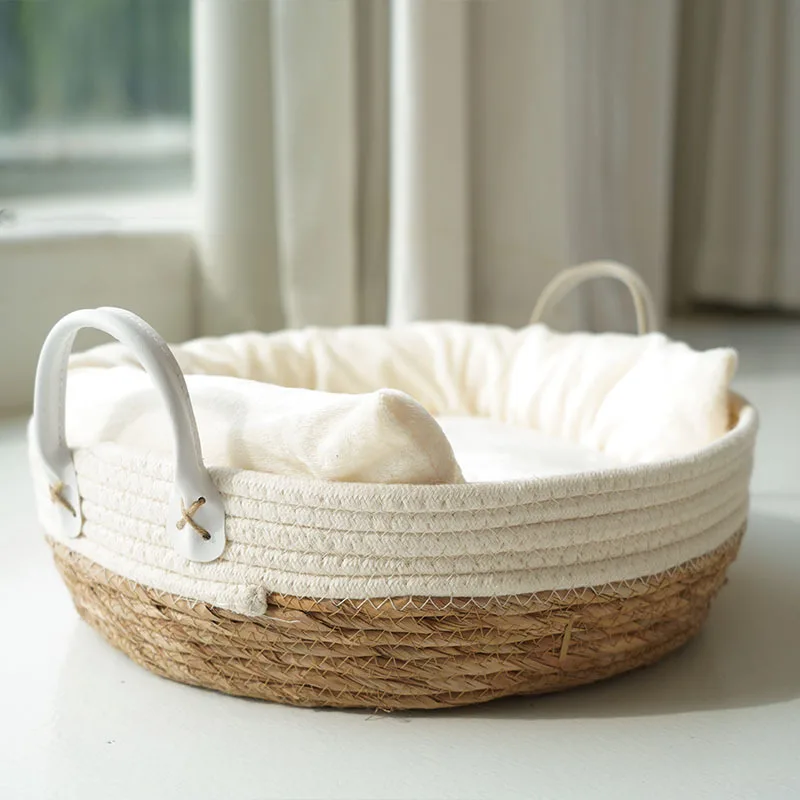 

Rattan Cat Nest Hanging Basket Summer Hand-woven Rattan Nest Farmhouse Style Simple Kitten Nest Cattail Mat Round Kennel