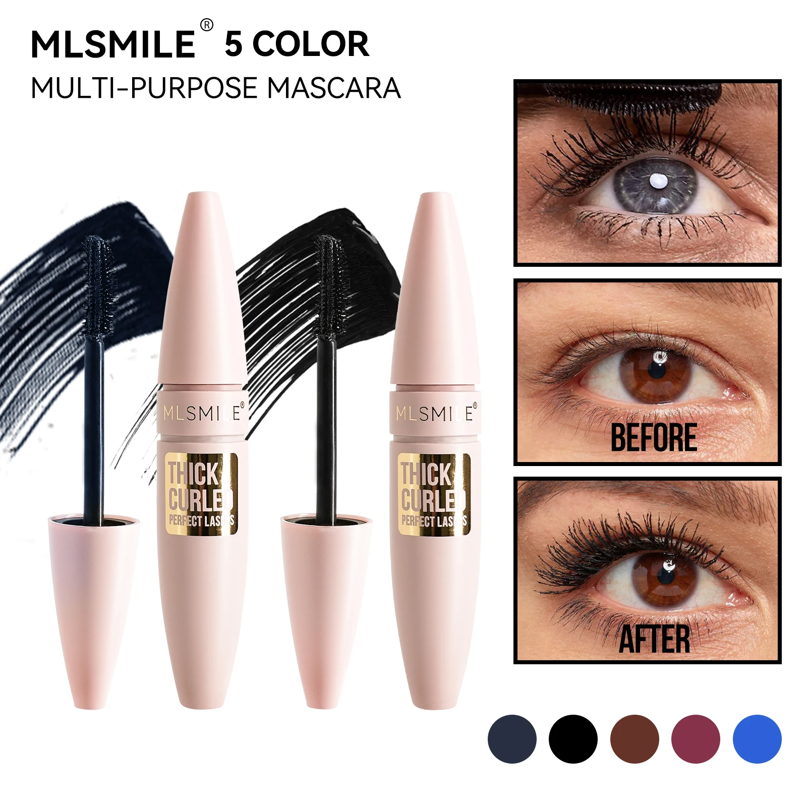 MLSMILE 2点セット 汚れない、長く、カールするベースコート + カラフルな、立体的なマスカラセット